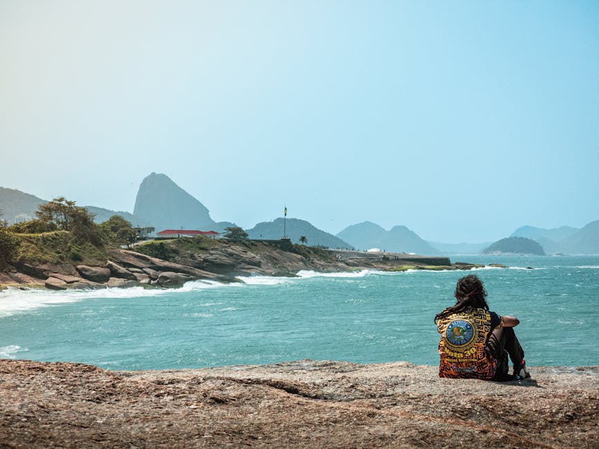 brazilian beach with backpacker