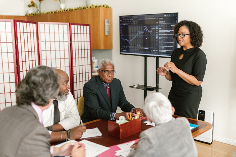 business team analyzing data on large screen with AI insights