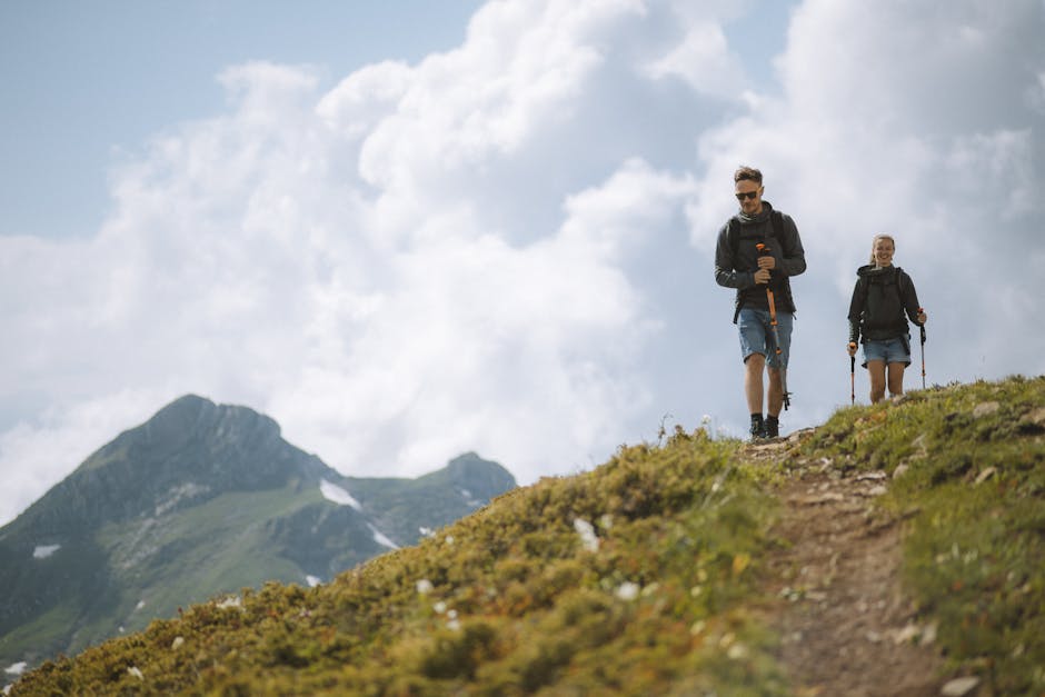 Couple hiking in French mountains
