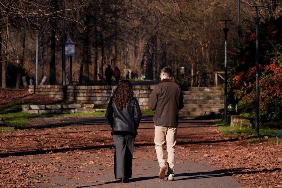 couple walking autumn park stylish