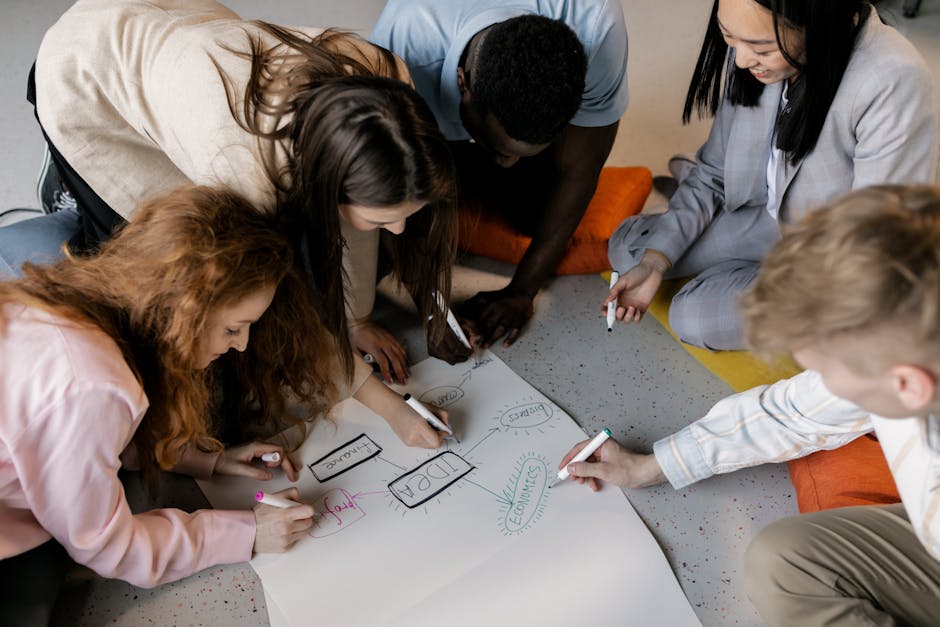 creative brainstorming session with people and digital mind map