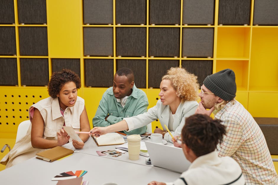 diverse group brainstorming office
