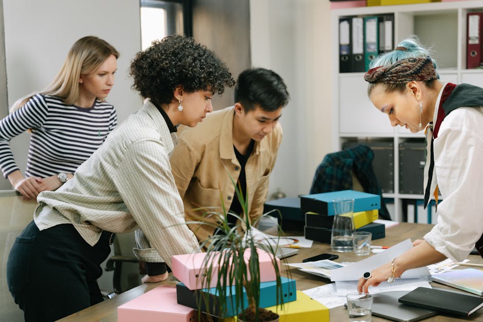 diverse team collaborating on content strategy in modern office