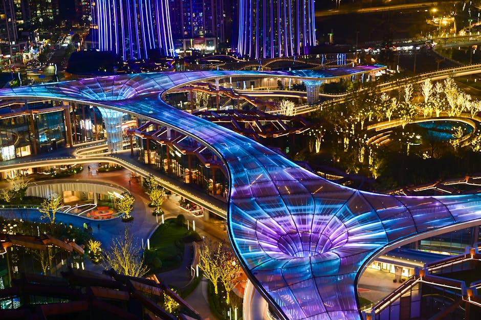 futuristic city with glowing elements and people