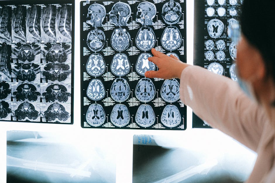 hands interacting with a holographic image of a brain and data