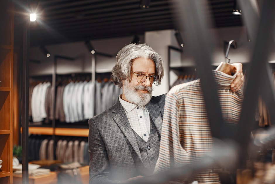 man trying on suit in clothing store