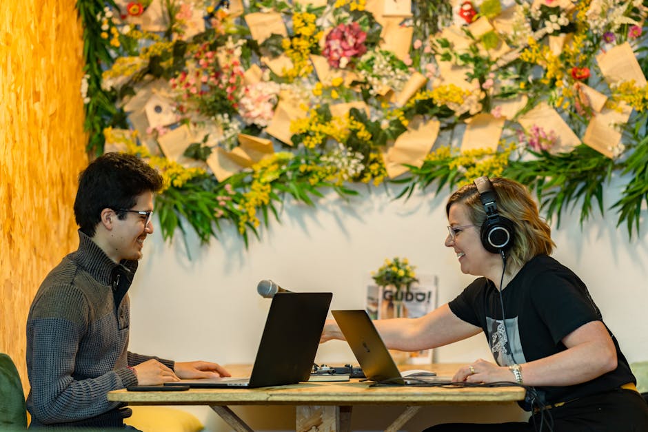People collaborating on content creation in German office