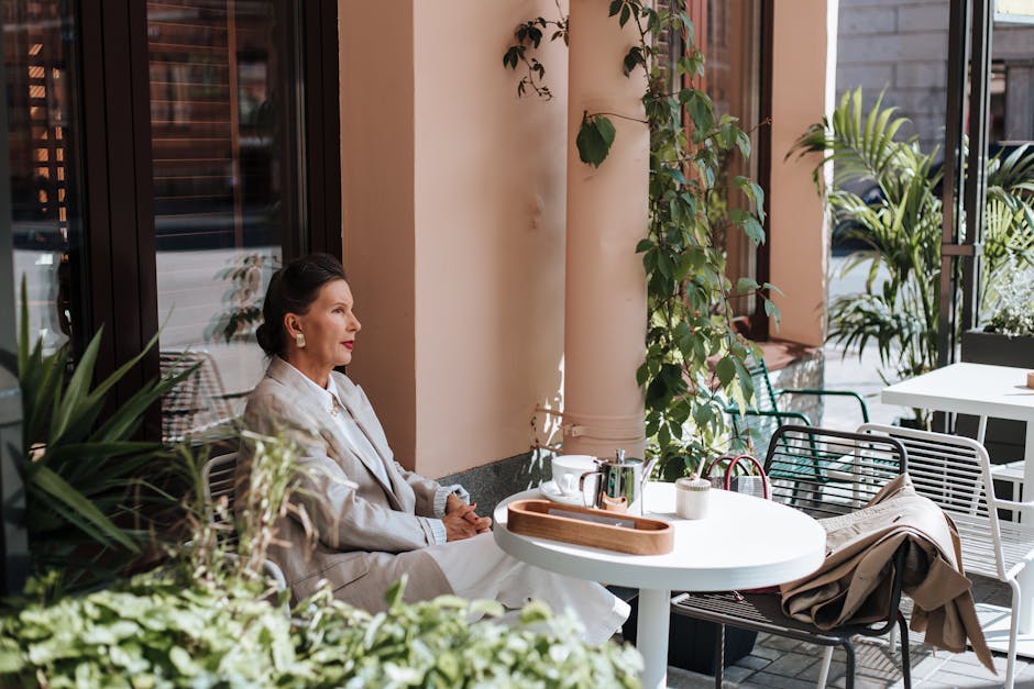 stylish woman on cafe terrace
