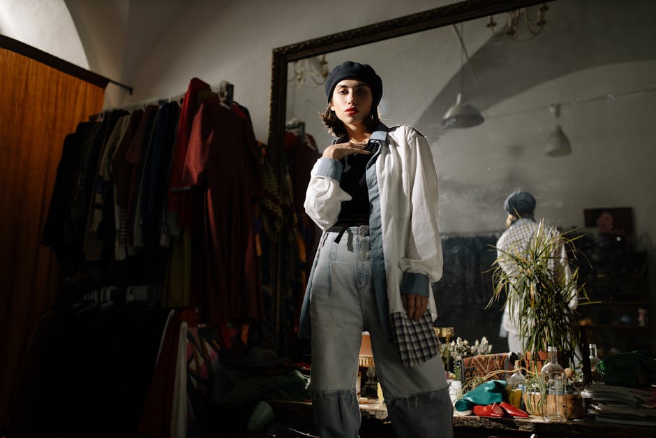 woman looking at her reflection in a mirror wearing a stylish outfit