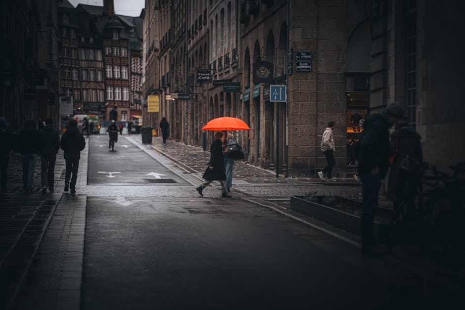 woman walking cobblestone street umbrella France