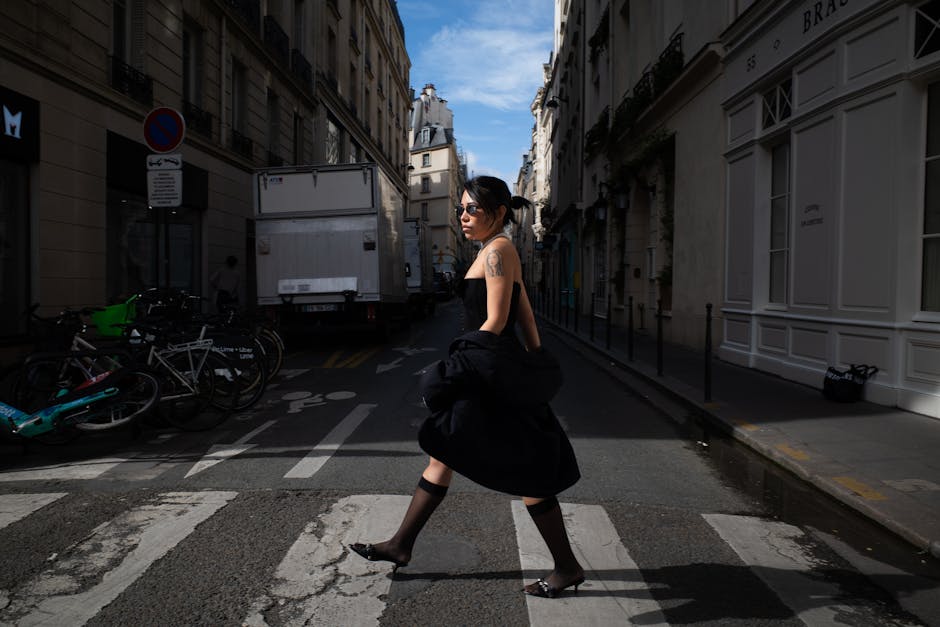woman walking in parisian street elegant