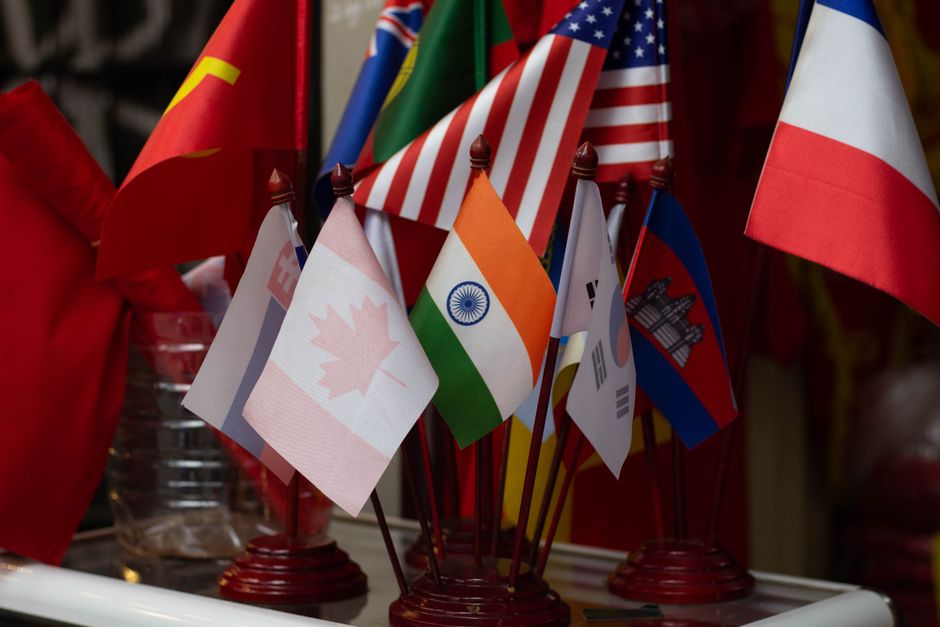 A graphic illustrating a shopping cart with flags representing the US and EU countries, surrounded by discount tags and sale symbols, indicating international online deals.