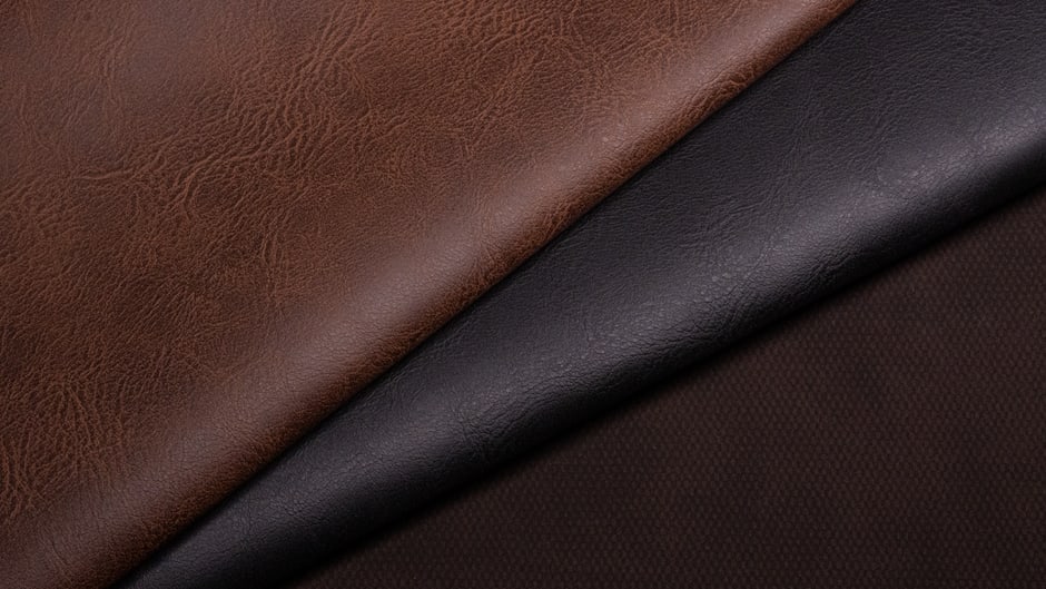 A detailed close-up shot contrasting the natural grain and texture of a real leather surface with the smooth, uniform finish of a high-quality vegan leather.