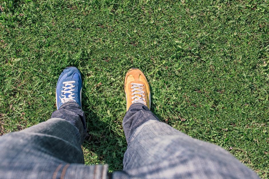 Overhead shot of various footwear types arranged in a row: walking shoe, hiking boot, dress shoe, and casual sneaker, highlighting different sole structures.