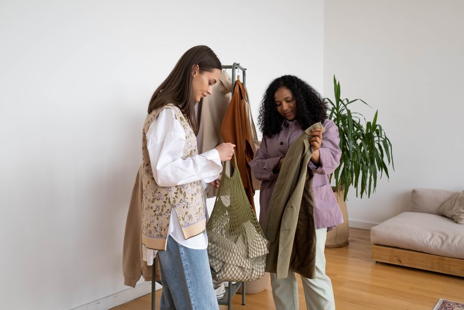 Three women with diverse body types demonstrating various outfits created from a small set of versatile, sustainable capsule wardrobe items.